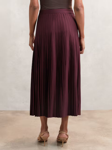 ATHAR-Pleated Midi Skirt in Burgundy