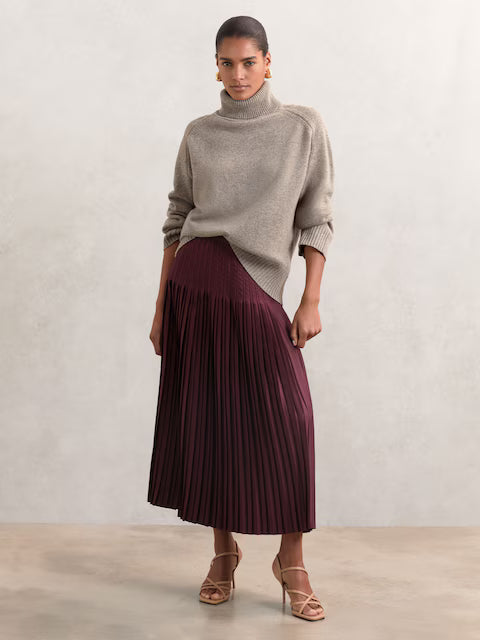 ATHAR-Pleated Midi Skirt in Burgundy