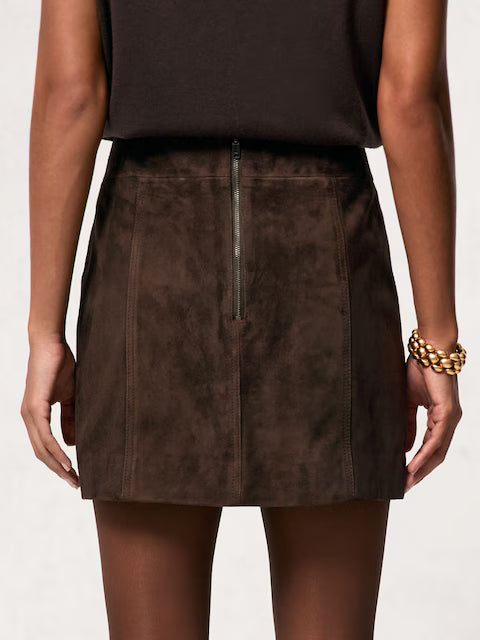 ATHAR-Mini Suede Patch Pocket Skirt in Chocolate Brown