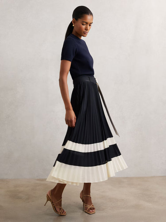 ATHAR-Belted Pleated Midi Skirt in Navy/Ivory