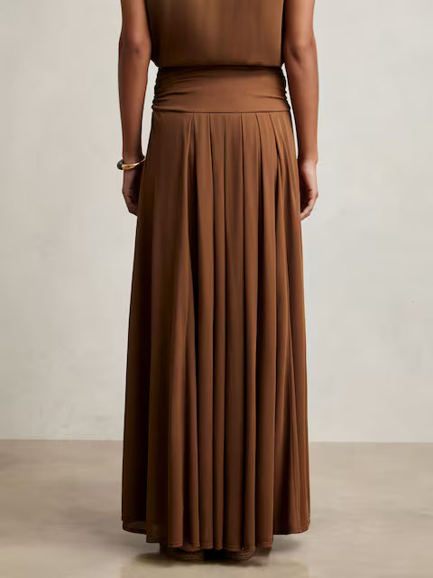 ATHAR-Jersey Ruched-Waist Maxi Skirt in Tan Brown