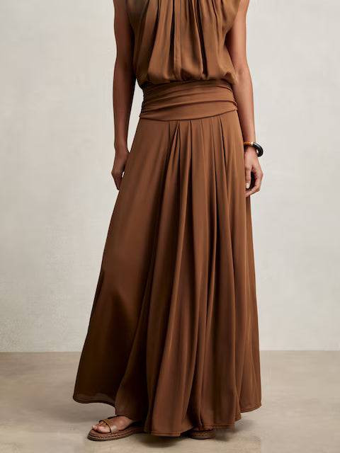 ATHAR-Jersey Ruched-Waist Maxi Skirt in Tan Brown
