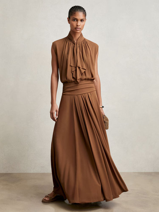 ATHAR-Jersey Ruched-Waist Maxi Skirt in Tan Brown