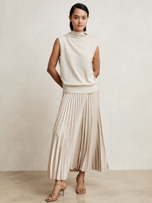 ATHAR-Pleated Midi Skirt in Champagne Neutral