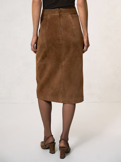 ATHAR-Suede Straight-Fit Midi Skirt in Tan Brown