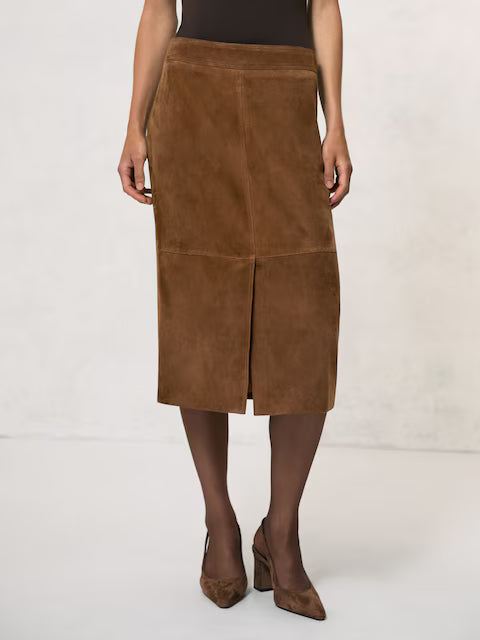 ATHAR-Suede Straight-Fit Midi Skirt in Tan Brown