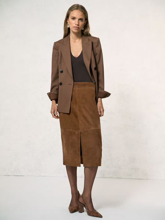 ATHAR-Suede Straight-Fit Midi Skirt in Tan Brown